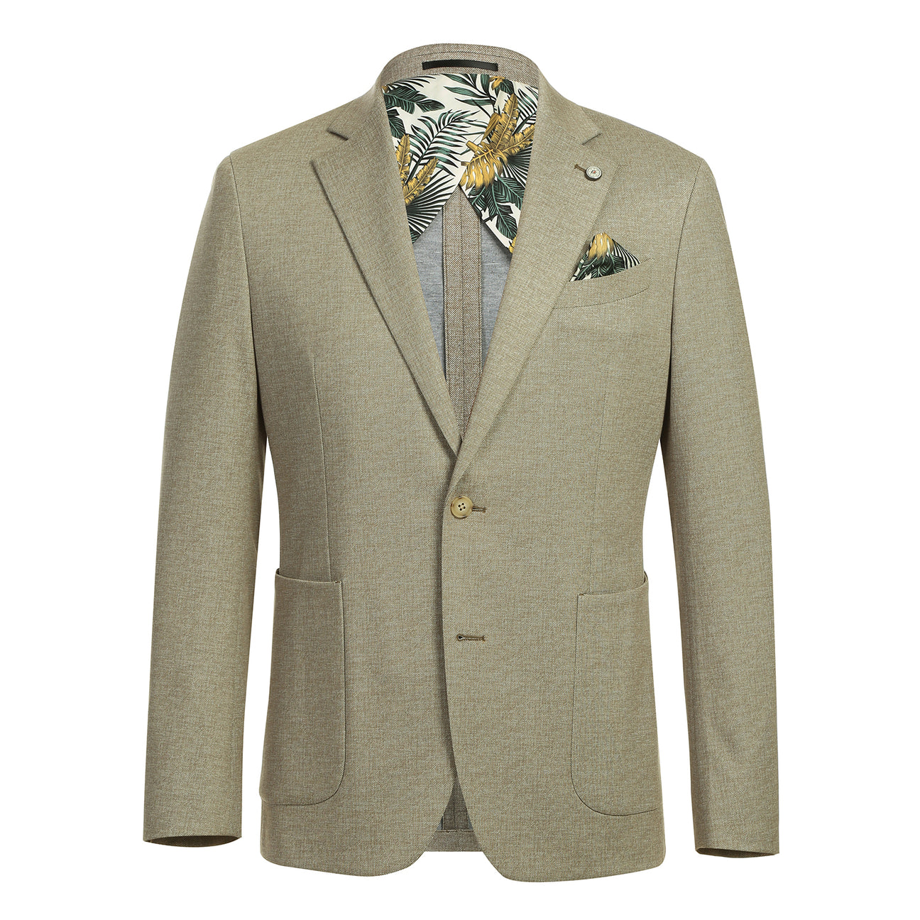 A slim fit, single-breasted Pellagio Beige Men's Half Canvas Blazer PS24-1 paired with a white dress shirt and an orange patterned tie. A pocket square is neatly tucked in the left breast pocket, highlighting its refined half canvas construction.