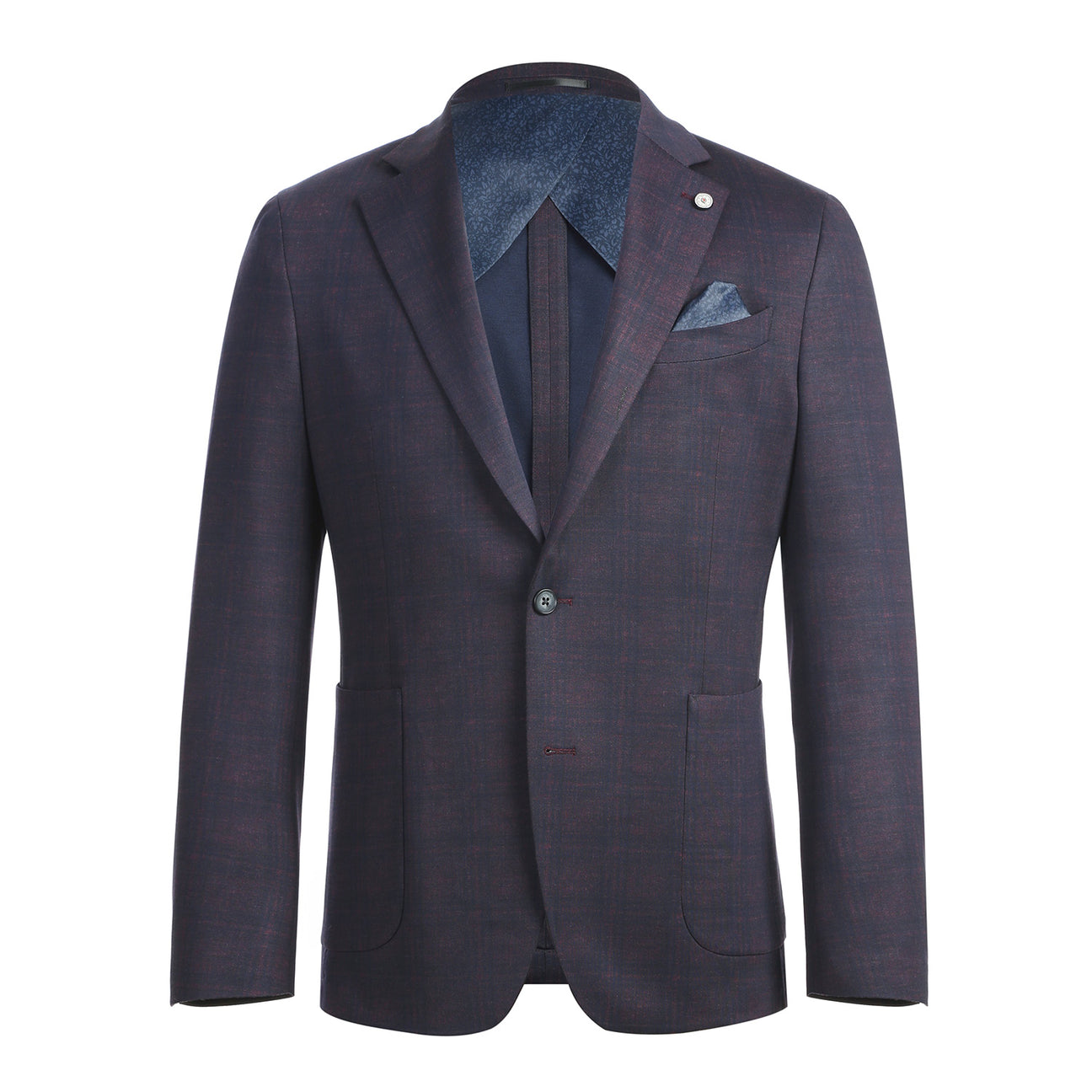 Displayed on a mannequin, the Pellagio Men's Half Canvas Gray Blue Blazer PF23-9 showcases a white shirt, light blue striped tie, and pocket square. With its slim fit and notched lapel, this stylish blazer from Pellagio is a sophisticated choice.