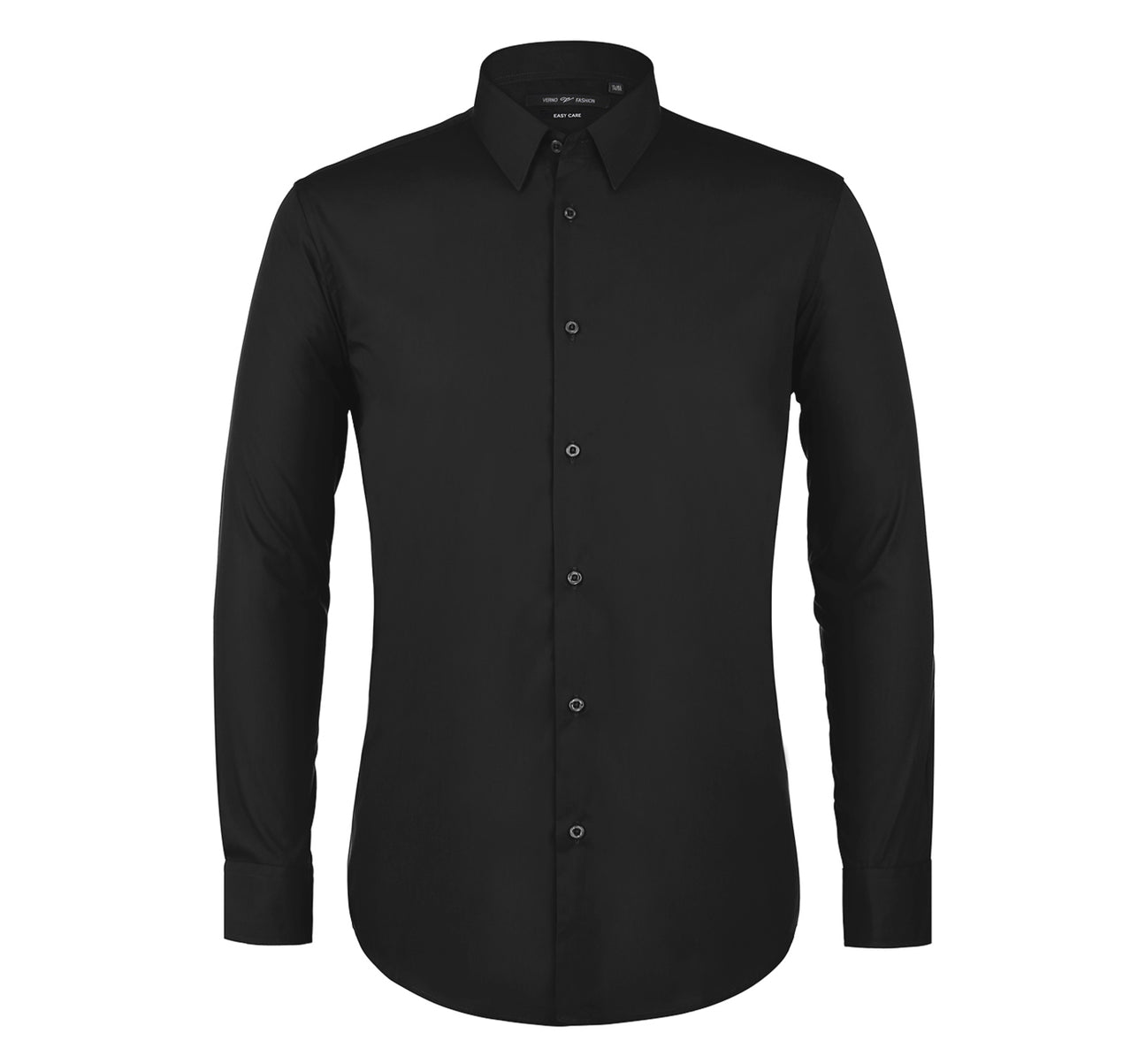 The Renoir VERNO Black Classic Fit Long Sleeve Travel Easy-Care Cotton Dress Shirt (CS0223) is folded neatly, showcasing a close-up inset of its wrinkle-resistant fabric texture.