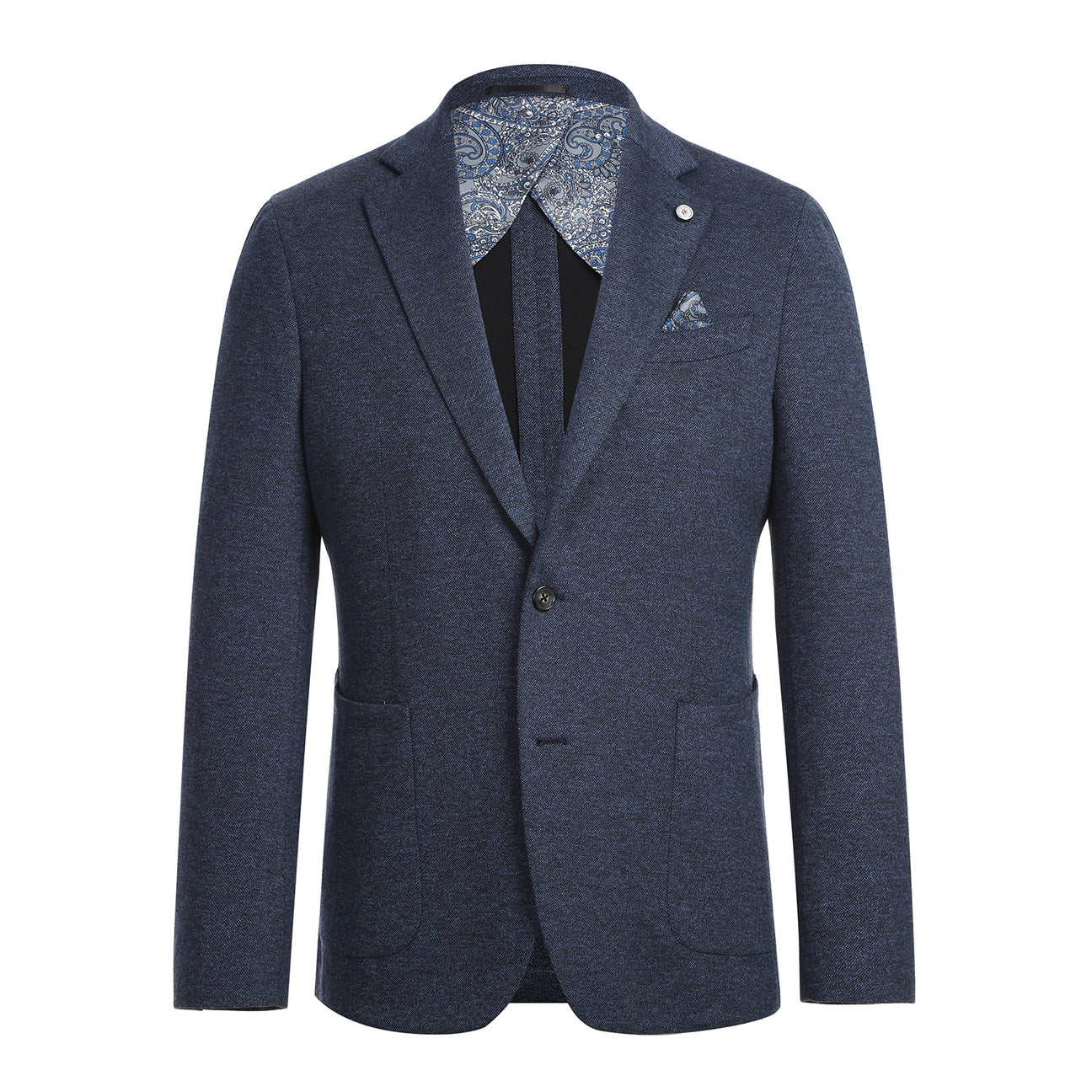 The Pellagio Men's Half Canvas Navy Blazer PF23-7, crafted with expert tailoring in a single-breasted slim fit, is showcased on a mannequin. It is styled with a light blue striped tie and a crisp white shirt, exuding timeless elegance.