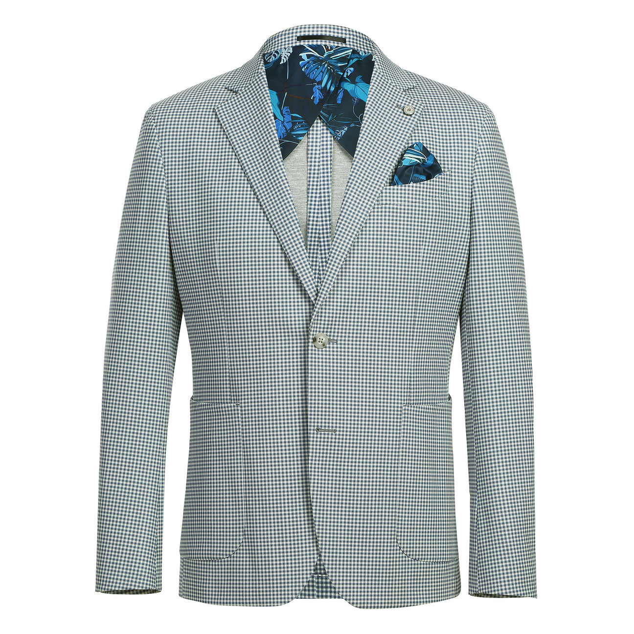 Pellagio Blue White Men's Half Canvas Blazer PS24-9 with a blue tie and pocket square. Features a light gray checkered pattern, polyester and spandex fabric composition, close-up views of the lining and buttons, as well as intricate design details.