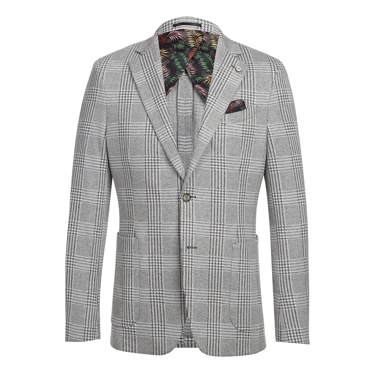 The Pellagio Riserva JKT Sports Coat PS24-8 by Pellagio is a gray plaid suit jacket with a floral lining, displayed from multiple angles. Made from a fabric blend of 65% cotton and 35% polyester, it includes a buttonhole on the lapel.