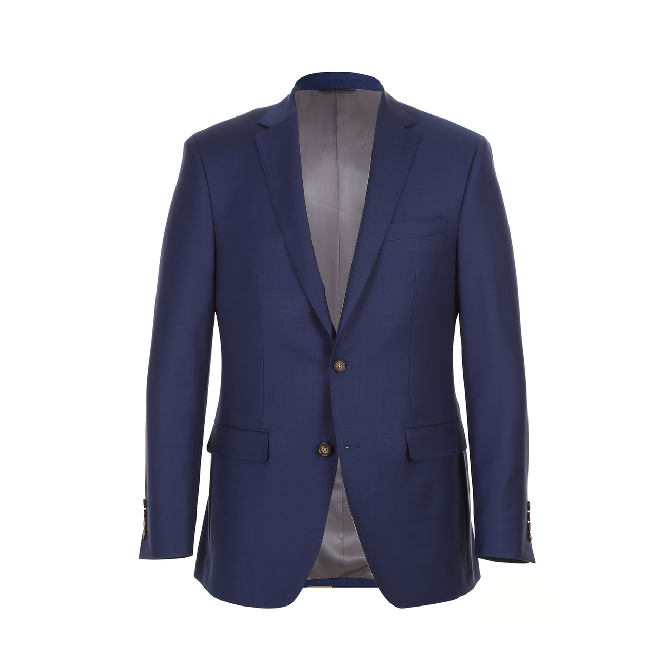 A mannequin displays the RIVELINO Modern Fit Blue Half-Canvas Suit RHC100-19 by Rivelino, complemented with a crisp white shirt and a blue patterned tie, exuding elegance and style.