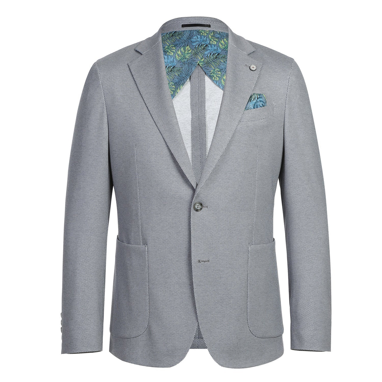 Introducing the Pellagio Gray Men's Half Canvas Blazer PS23-1: This elegant blazer by Pellagio features a sophisticated subtle texture in gray, accented by a floral-patterned lining and coordinating pocket square. It is designed with a notched lapel, two-button closure, two spacious front pockets, and includes a stylish lapel pin for an extra touch of flair.