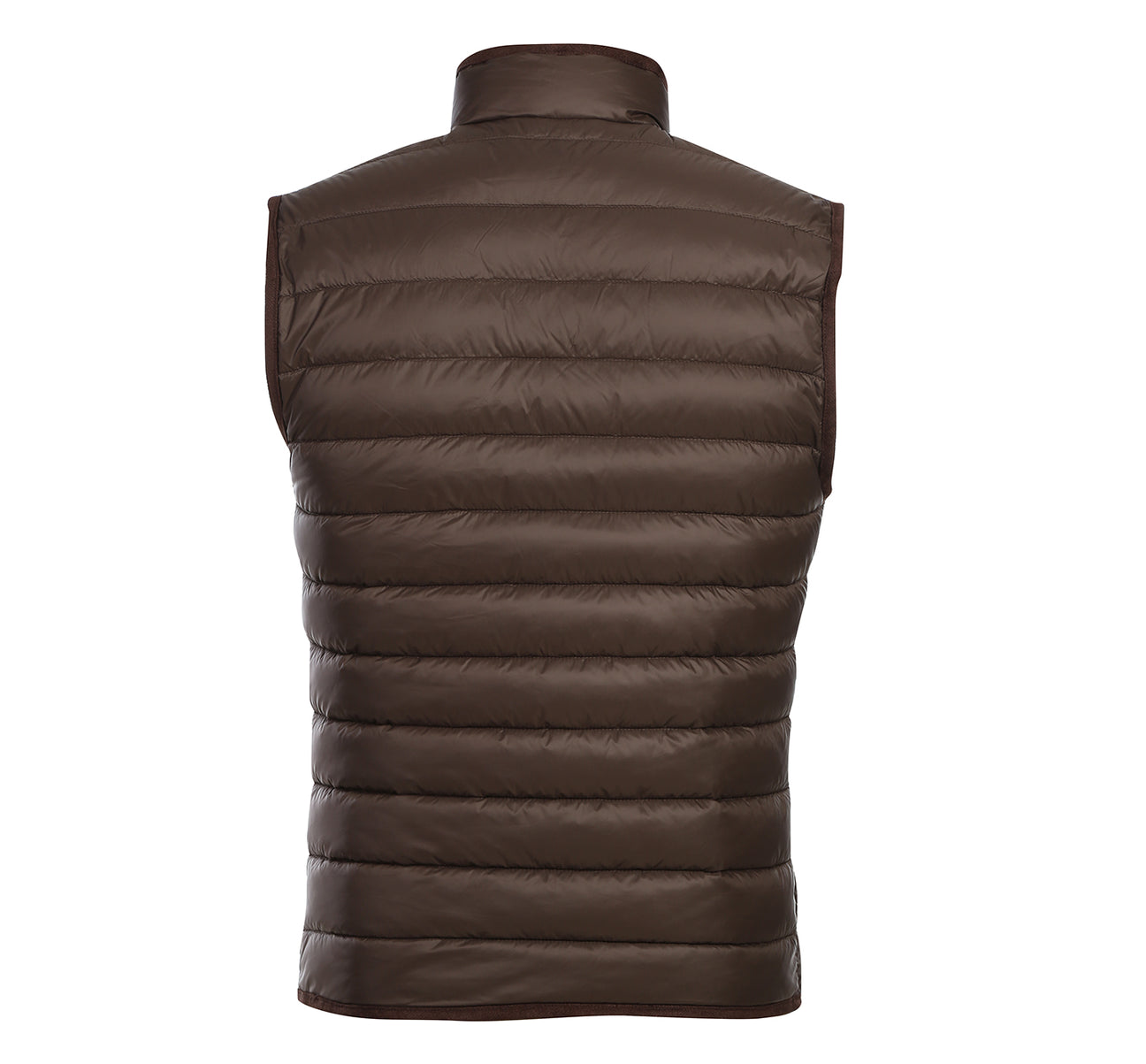 Introducing the Renoir Alessandro Vitello by Renoir Jonathan Nylon Down Brown Vest 831-3, a cozy brown quilted puffer vest filled with goose down. It features a high collar and front zipper closure, making it the perfect choice to keep warm during chilly winter days.