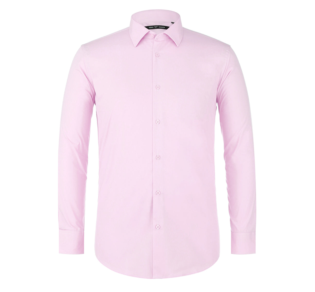 The folded VERNO Light Pink Classic Fit Long Sleeve Travel Easy-Care Cotton Dress Shirt by Renoir features a pointed collar and buttoned cuffs. Made from 100% cotton, the fabric close-up reveals its smooth, fine texture that is also wrinkle-resistant.