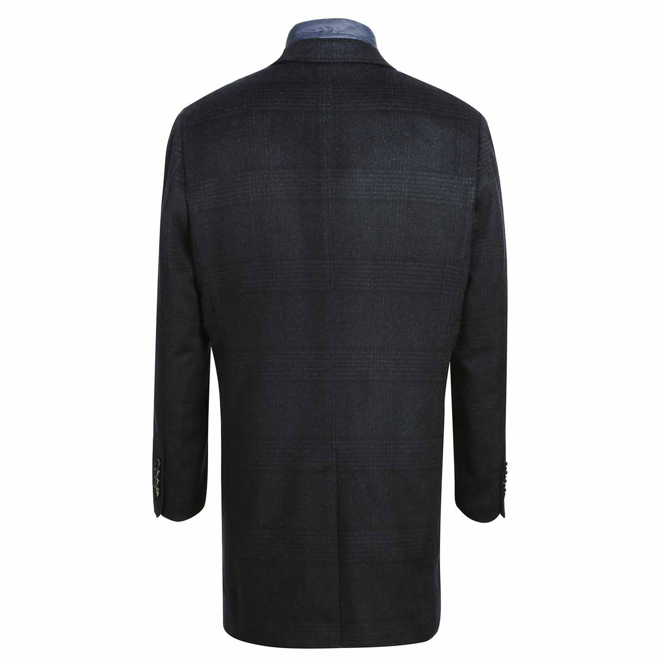 The back view of the ENGLISH LAUNDRY Blue Long Coat EL84-52-410 from English Laundry showcases a longline design with long sleeves and buttoned cuffs, enhancing the elegance of its single-breasted style.