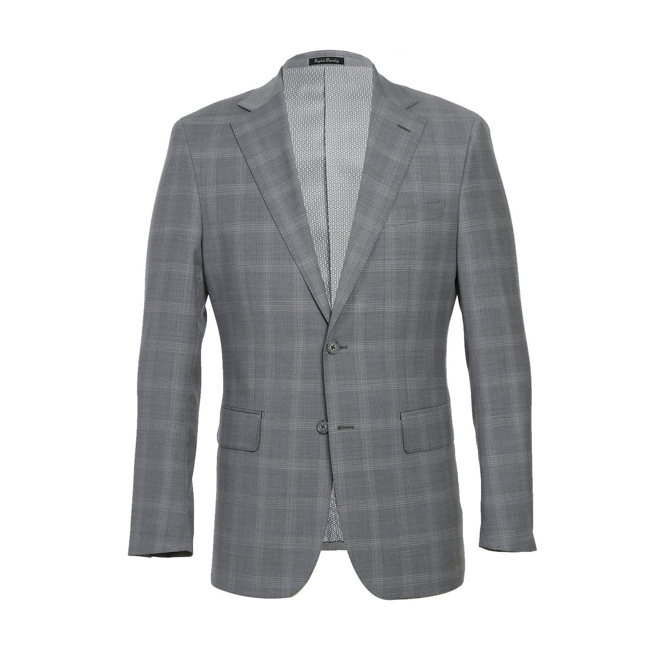 The ENGLISH LAUNDRY Light Gray Window Pane Check Wool Suit, model EL72-62-092 by English Laundry, is displayed on a mannequin with peak lapels, accompanied by a sharp white shirt and a vibrant orange patterned tie.