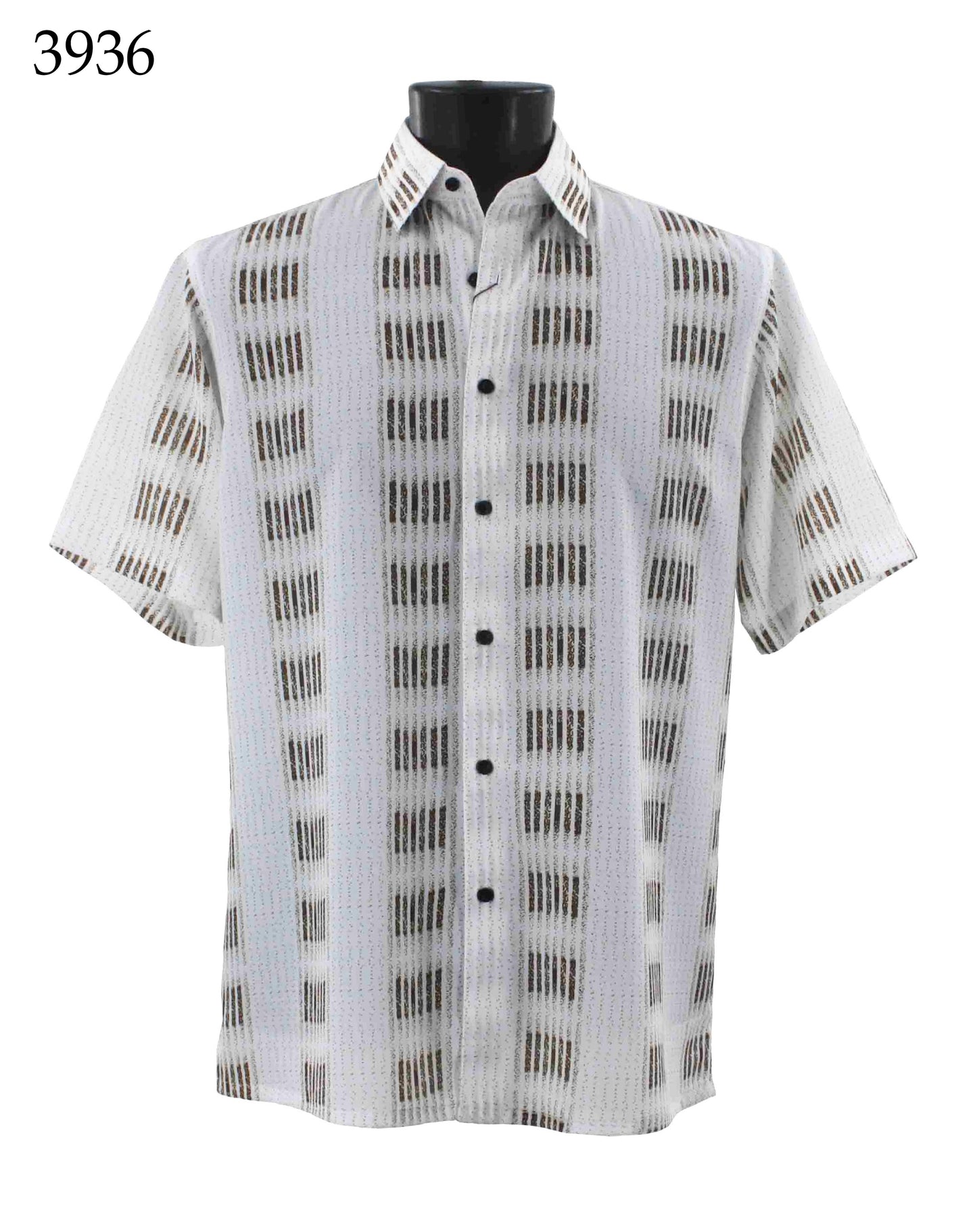 The Bassiri Short Sleeve Shirt 3936, featuring vertical black and gray stripes on a white background in a regular fit with short sleeves, is stylishly presented on a black mannequin torso.