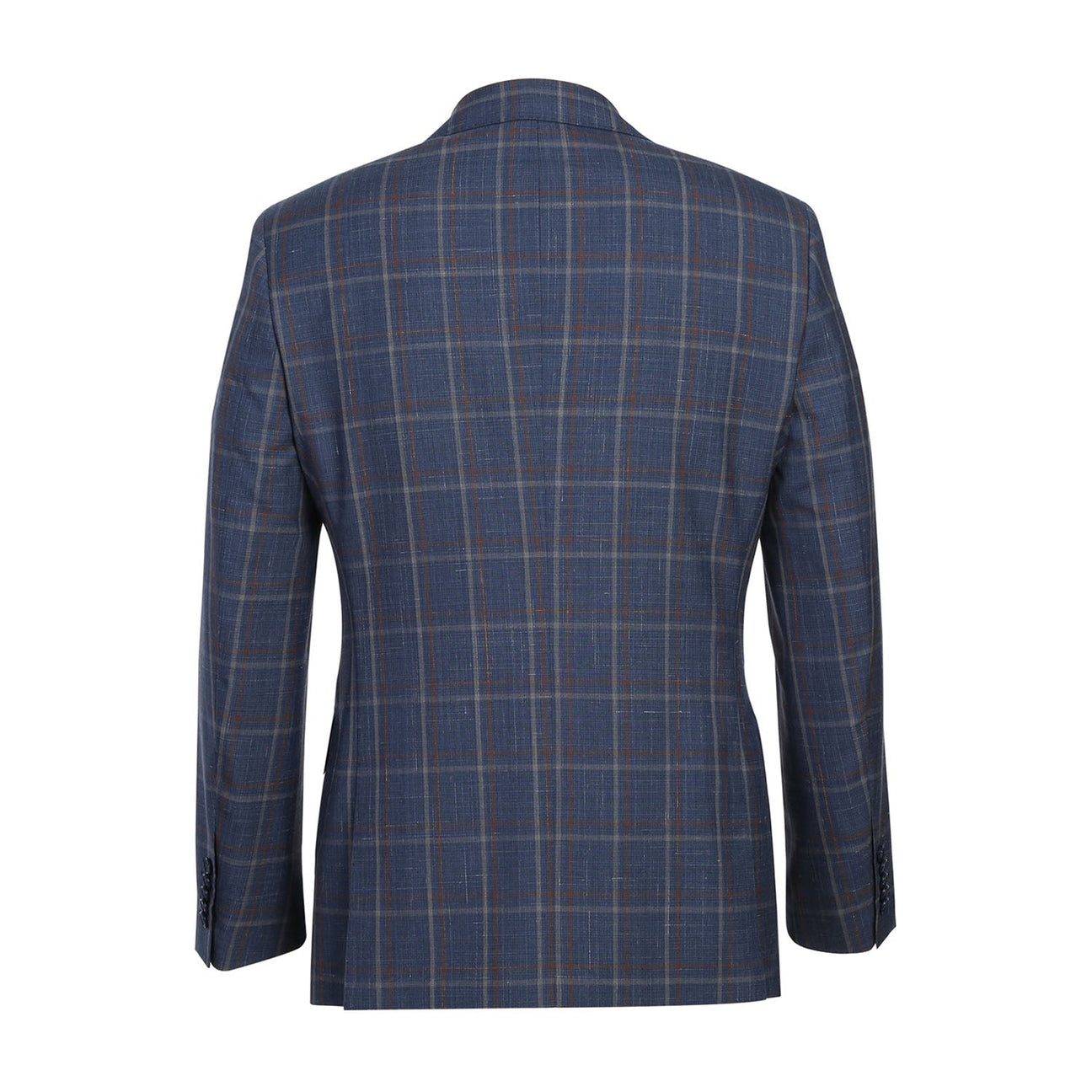 The mannequin elegantly showcases the ENGLISH LAUNDRY Light Steel Blue with Orange Check Wool Suit EL72-62-400 by English Laundry, in a sleek slim fit. It is beautifully paired with a crisp white shirt and a dark patterned tie.