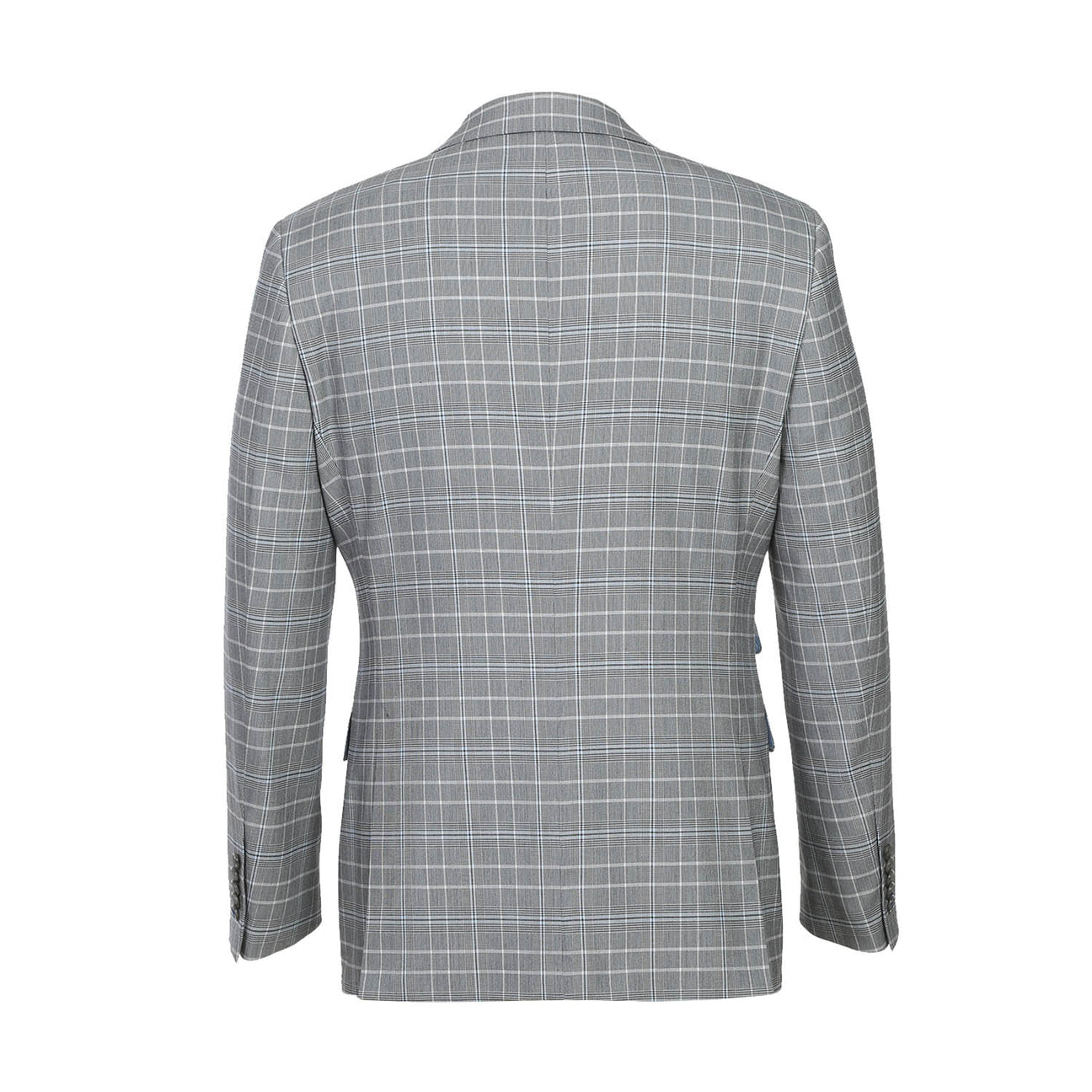 The mannequin displays the ENGLISH LAUNDRY White Smoke Plaid Suit 82-60-092EL from English Laundry, featuring a slim fit with a stylish grey plaid pattern over a crisp white dress shirt, accented by a dark purple polka dot tie and distinguished peak lapels.