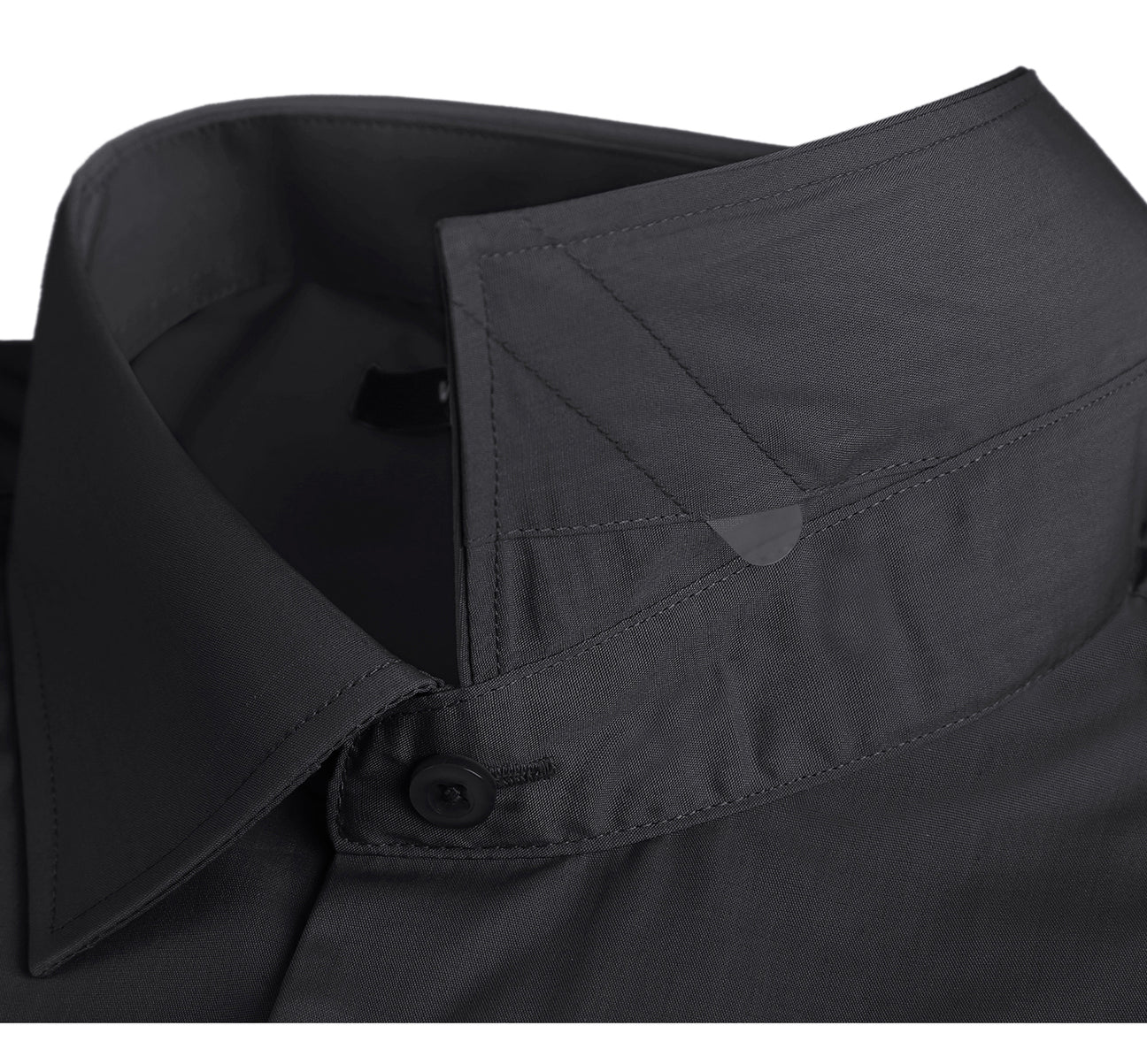 The Renoir VERNO Black Classic Fit Long Sleeve Travel Easy-Care Cotton Dress Shirt (CS0223) is folded neatly, showcasing a close-up inset of its wrinkle-resistant fabric texture.