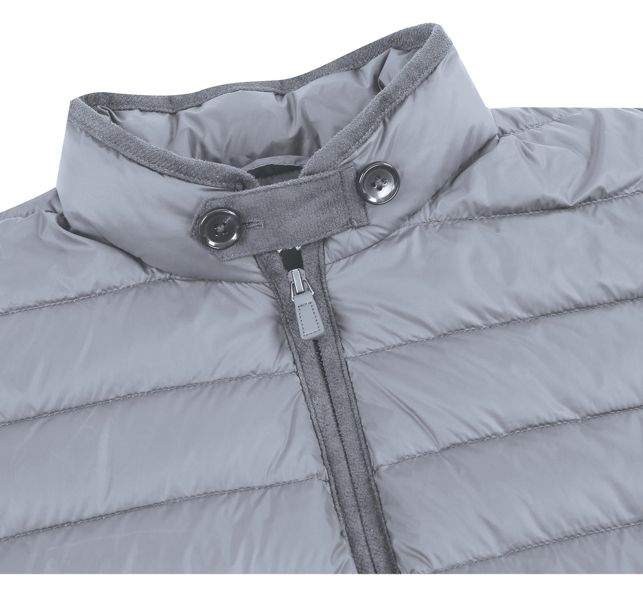 The Alessandro Vitello by Renoir Jonathan Nylon Down Grey Vest 831-2, featuring a high collar and front zipper, is showcased against a white background, making it ideal for braving winter chills.