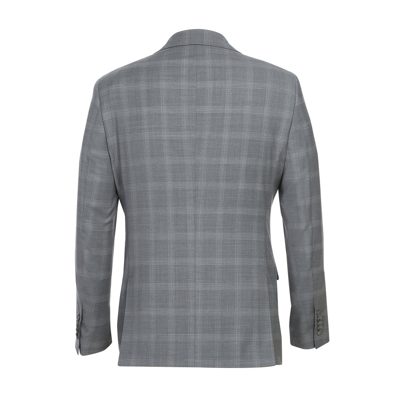 The ENGLISH LAUNDRY Light Gray Window Pane Check Wool Suit, model EL72-62-092 by English Laundry, is displayed on a mannequin with peak lapels, accompanied by a sharp white shirt and a vibrant orange patterned tie.