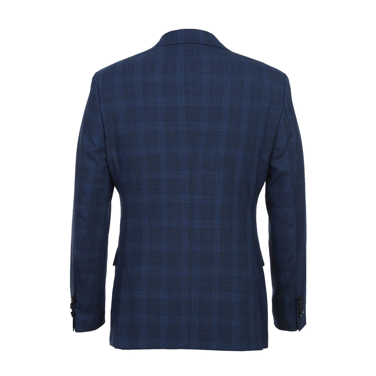 The ENGLISH LAUNDRY Airforce Blue Plaid Wool Suit (EL72-50-412) from English Laundry is displayed on a mannequin. Featuring a stretch wool blend for the ultimate comfort, it elegantly pairs with a white shirt and blue tie, showcasing its slim fit silhouette against a plain backdrop.