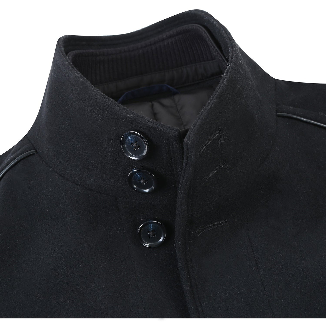 The ENGLISH LAUNDRY Black Short Coat EL84-01-001 by English Laundry features a high standing collar and two side pockets, completing this elegant design.