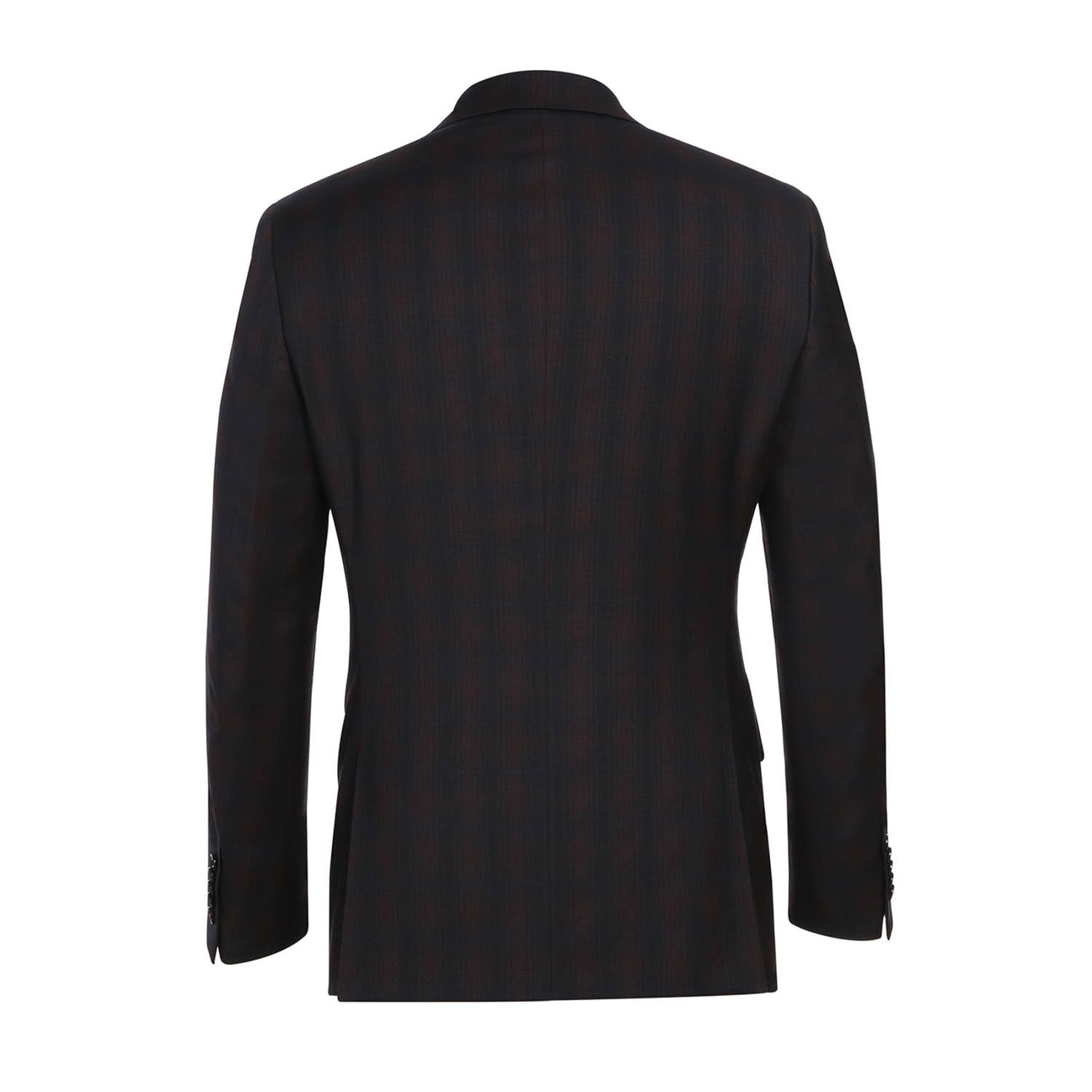 The English Laundry Coffee with Red Check Suit 82-56-410EL, a slim fit jacket with notch lapels and a subtle pattern, is elegantly displayed on a mannequin paired with a white shirt and an orange patterned tie.