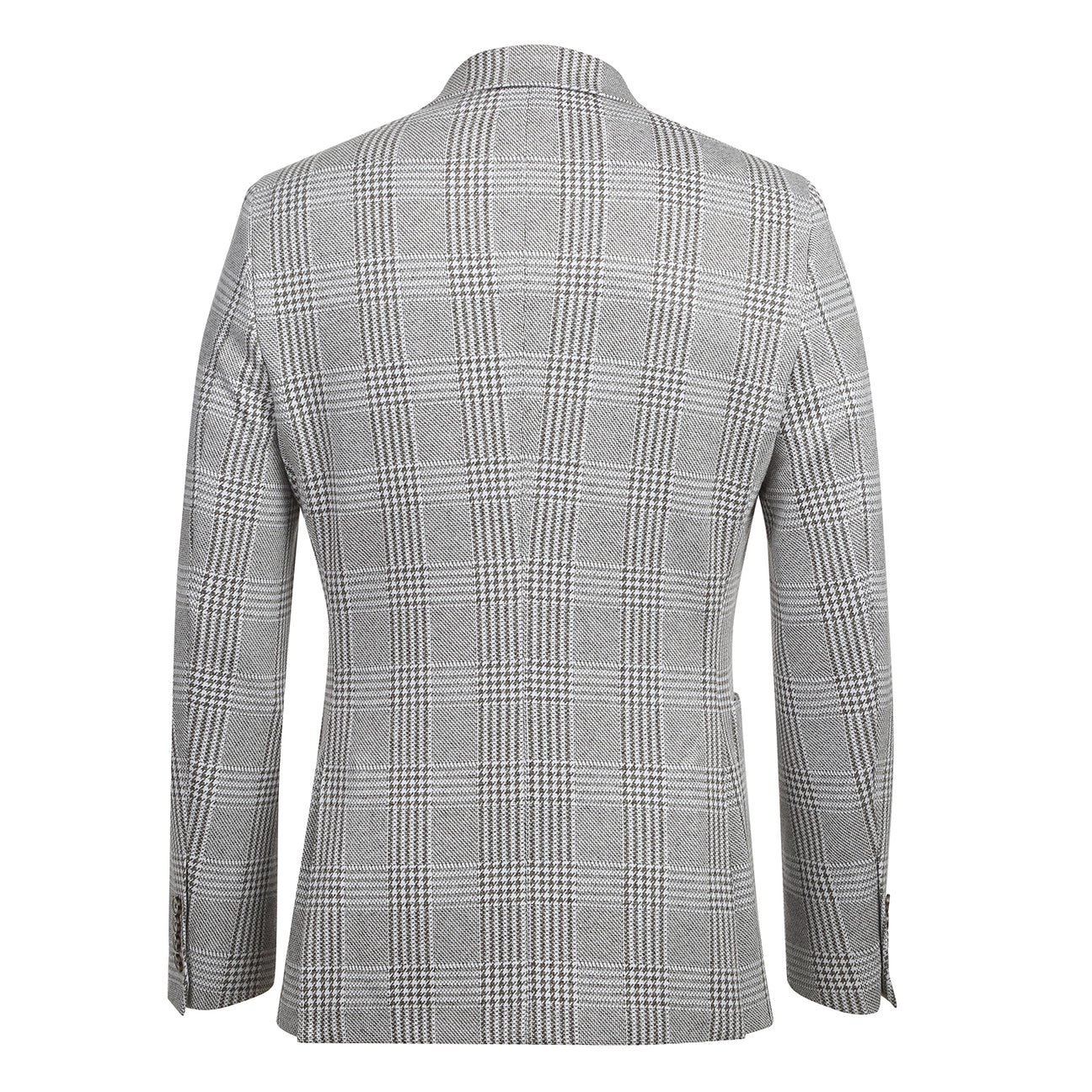 The Pellagio Riserva JKT Sports Coat PS24-8 by Pellagio is a gray plaid suit jacket with a floral lining, displayed from multiple angles. Made from a fabric blend of 65% cotton and 35% polyester, it includes a buttonhole on the lapel.