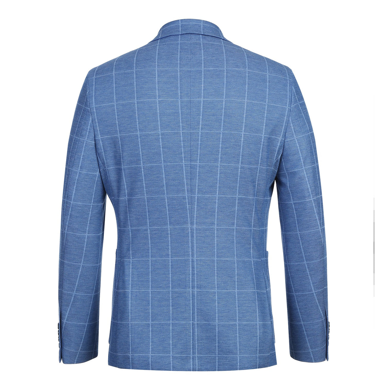 The Pellagio Blue Plaid Men's Half Canvas Blazer PS23-6 by Pellagio features a blue checkered design, slim fit, floral lining, and pocket square in a single-breasted style for enhanced structure.