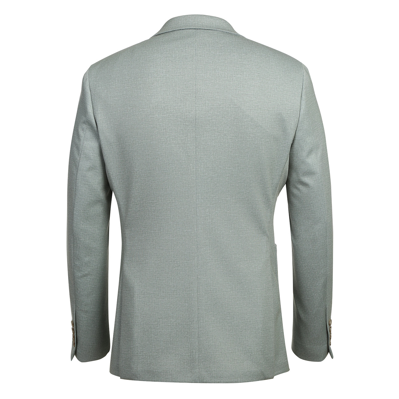 The Pellagio Light Green Men's Half Canvas Blazer, model PS24-4, features a stylish combination of light gray with a white shirt and brown tie. It is designed with notched lapels and patterned lining. This slim fit blazer includes buttons made from a blend of 86% polyester, 9% rayon, and 5% spandex.