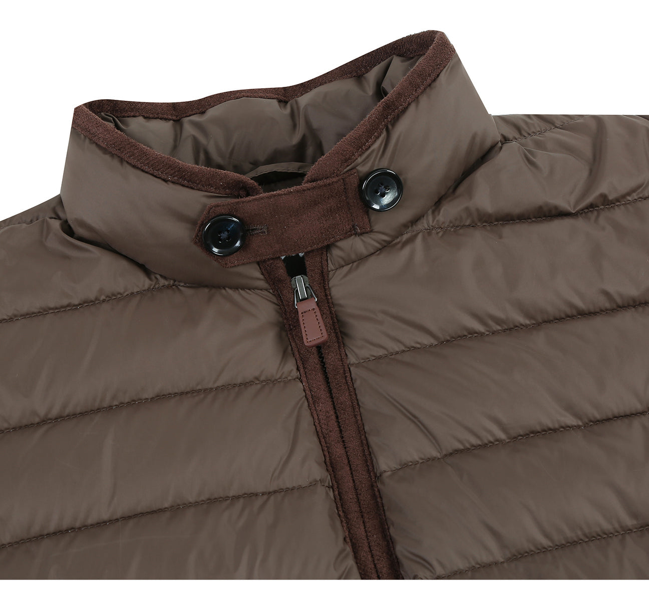 Introducing the Renoir Alessandro Vitello by Renoir Jonathan Nylon Down Brown Vest 831-3, a cozy brown quilted puffer vest filled with goose down. It features a high collar and front zipper closure, making it the perfect choice to keep warm during chilly winter days.