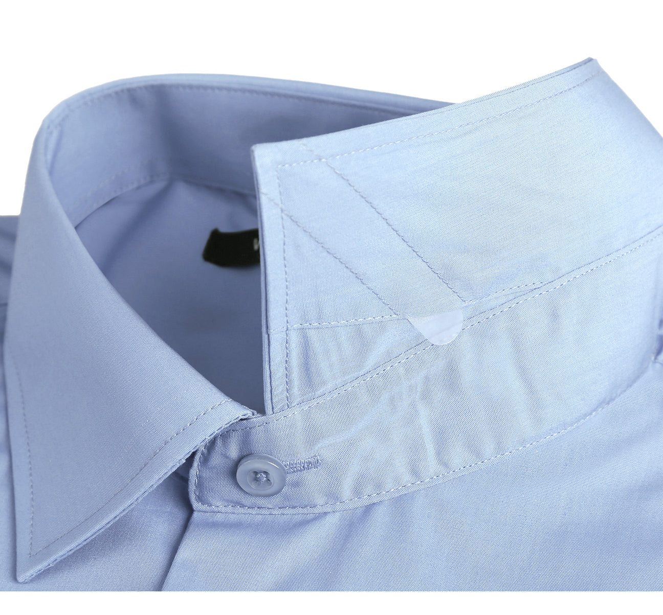 The VERNO Light Blue Classic Fit Long Sleeve Travel Easy-Care Cotton Dress Shirt CS0221 by Renoir features a folded design in light blue with a classic fit, showcasing its spread collar and buttoned cuffs. A close-up highlights the wrinkle-resistant texture of the 100% cotton fabric.