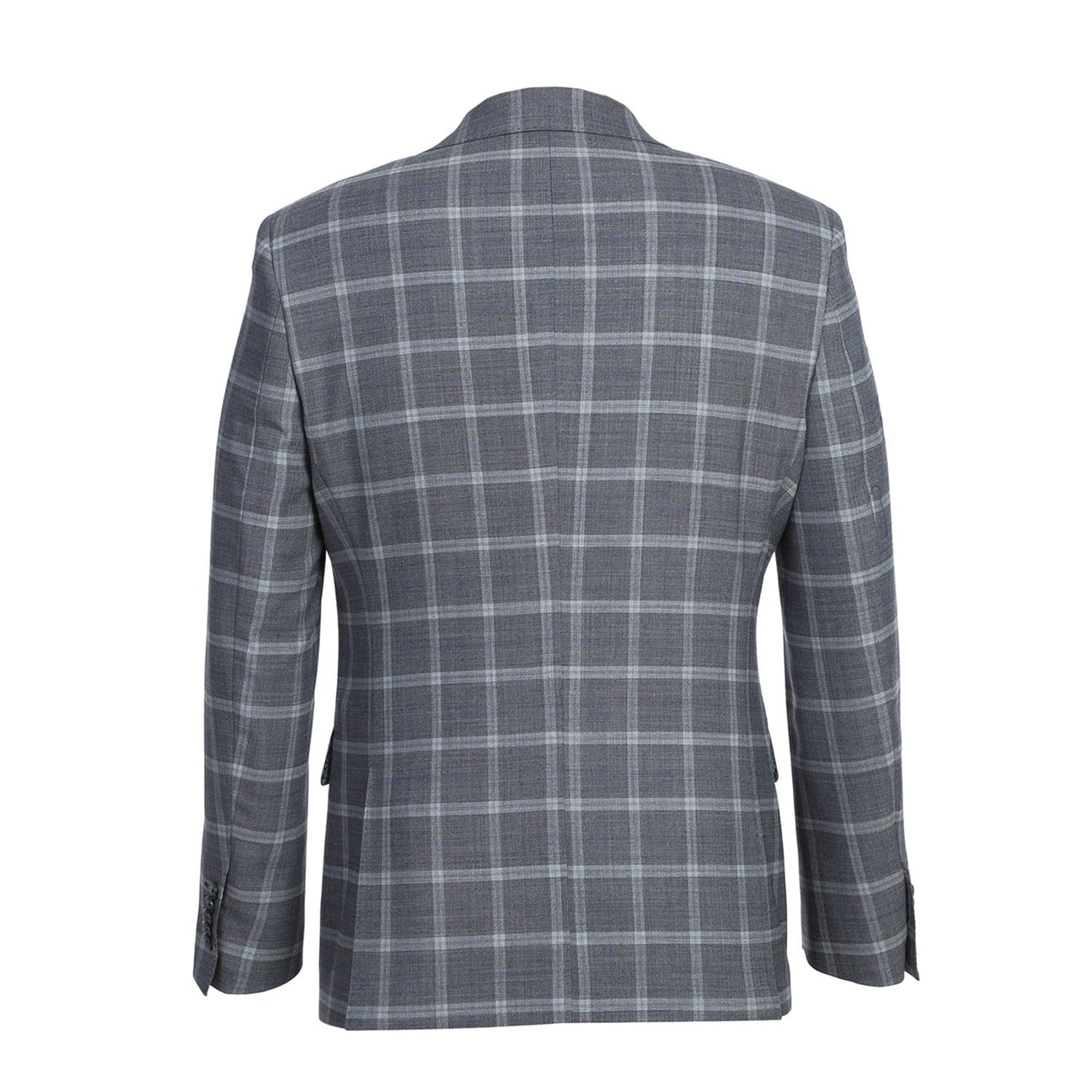 A mannequin featuring the ENGLISH LAUNDRY Gray Plaid Notch Wool Suit, product code EL72-60-092, by English Laundry, paired with a crisp white shirt and an orange patterned tie.