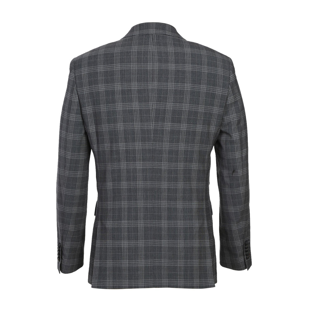 A slim fit jacket from English Laundry, specifically the ENGLISH LAUNDRY Gray Check Peak Wool Suit (EL72-58-093), featuring a peak lapel and two-button closure, elegantly complemented by a white shirt and an orange patterned tie, displayed on a mannequin.