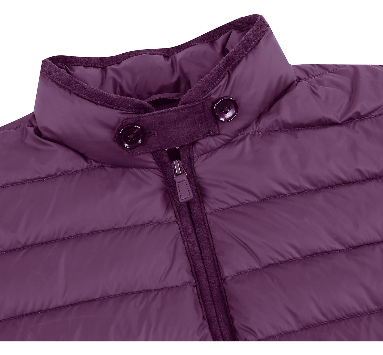 The Alessandro Vitello by Renoir Jonathan Nylon Down Berry Vest 831-7 is a stylish purple vest made from durable nylon, featuring a sleeveless design, high-neck collar, and front zipper.