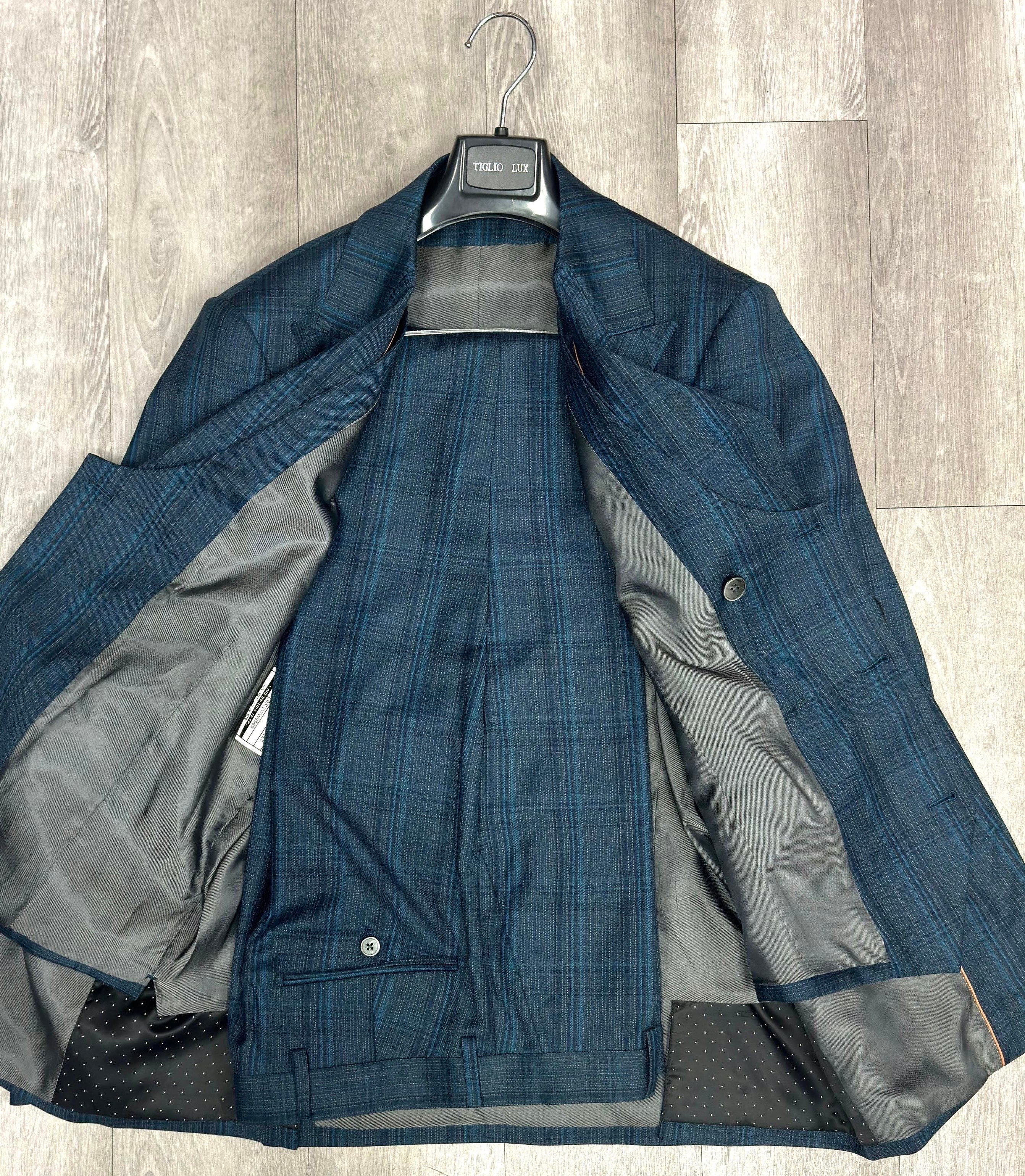 tiglio Luxe Prosecco  Modern Fit, TL3300 , Pure Wool Suit & Vest Blue/Teal Plaid