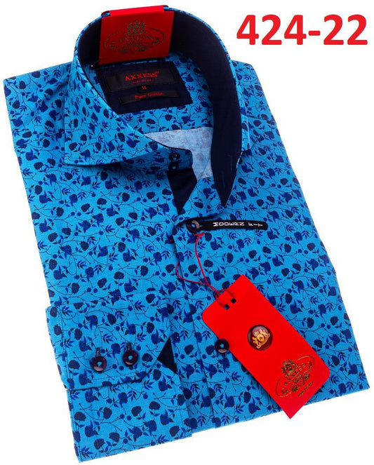 Axxess Modern Fit Shirt 424-22: This contemporary blue patterned dress shirt from Axxess showcases a chic black and blue floral design, complete with a folded collar and red tags attached. The red text "424-22" is prominently displayed at the top right. Its modern aesthetic led to rapid sell-outs across sizes.