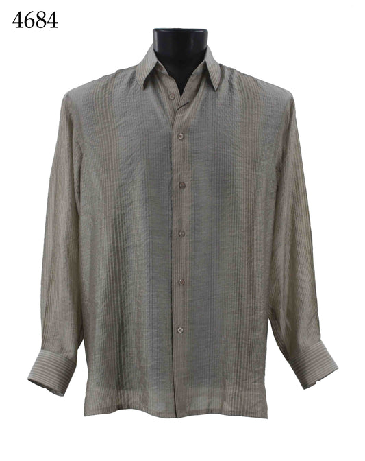 A Bassiri Long Sleeve Shirt 4684 is displayed on a black mannequin torso, featuring a subtle striped pattern in gray.