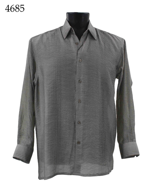 A Bassiri Long Sleeve Shirt 4685 in gray, featuring a subtle striped pattern, is displayed on a mannequin.