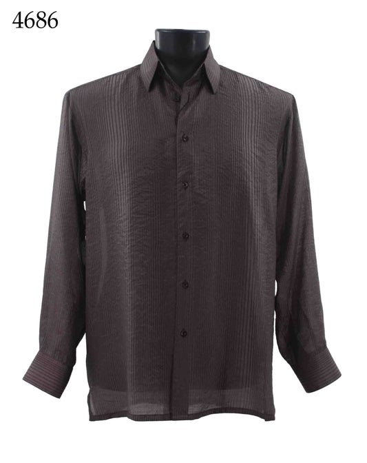 A Bassiri long sleeve shirt in dark brown, featuring a button-up design, is displayed on a black mannequin torso with the model number 4686 in the upper left corner.