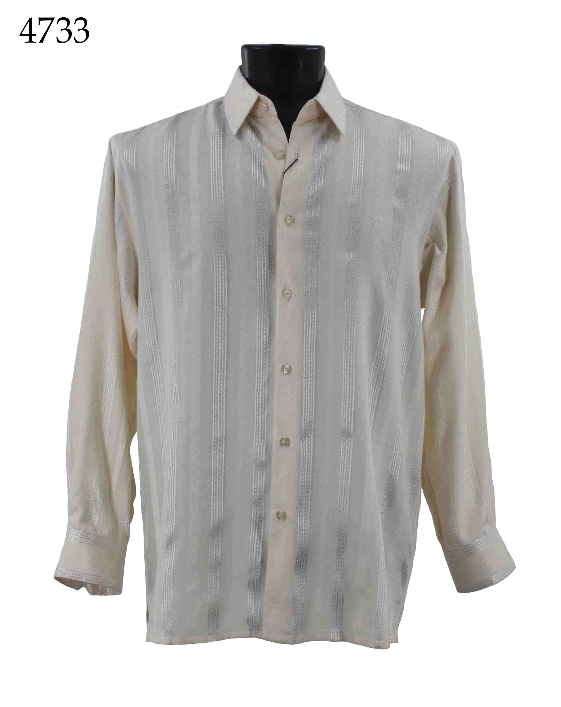 Front view of the Bassiri Long Sleeve Shirt 4733, a white button-up shirt featuring vertical stripes, displayed on a black mannequin torso.