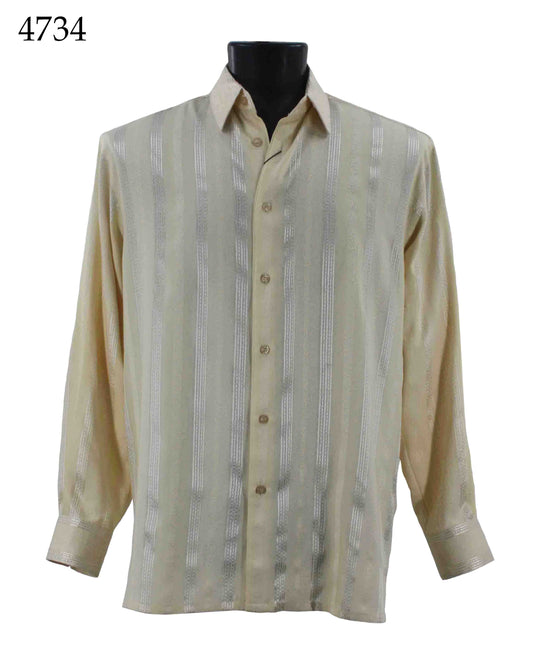 A Bassiri beige long-sleeve striped button-up shirt displayed on a black mannequin torso, with the product number 4734 located in the upper left corner.