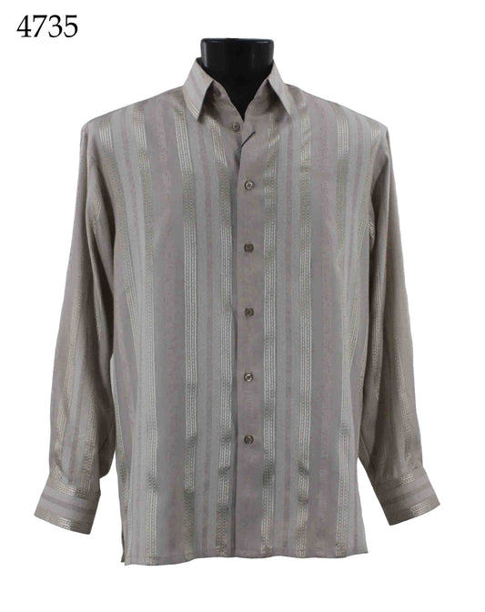 The Bassiri Long Sleeve Shirt 4735, featuring a gray color with vertical stripes, is showcased on a black mannequin torso.