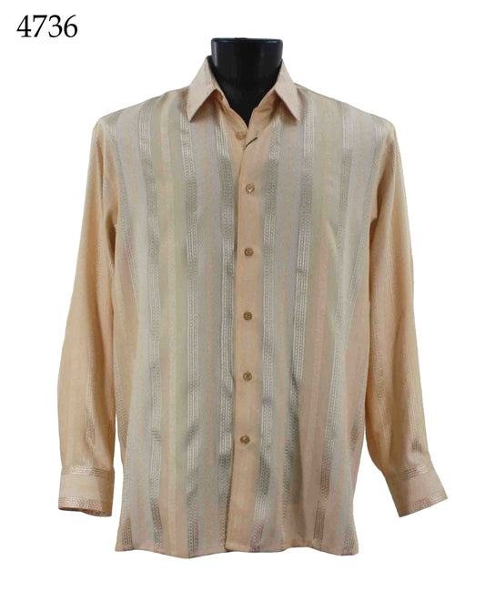 The Bassiri Long Sleeve Shirt 4736 in beige, featuring vertical striped patterns, is displayed on a mannequin.