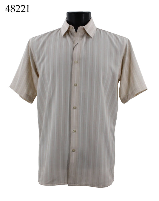 The Bassiri Short Sleeve Shirt 48221 by Bassiri is a Regular Fit, button-up shirt showcased on a mannequin, featuring beige and white vertical stripes.