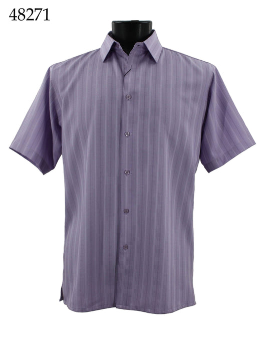 The Bassiri Short Sleeve Shirt 48271 by Bassiri, a regular fit short-sleeve button-up in light purple with a subtle vertical stripe pattern, is elegantly displayed on a mannequin.