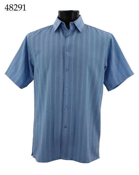 Bassiri Short Sleeve Shirt 48291, a blue regular fit button-up with a subtle vertical stripe pattern, showcased on a black mannequin torso.