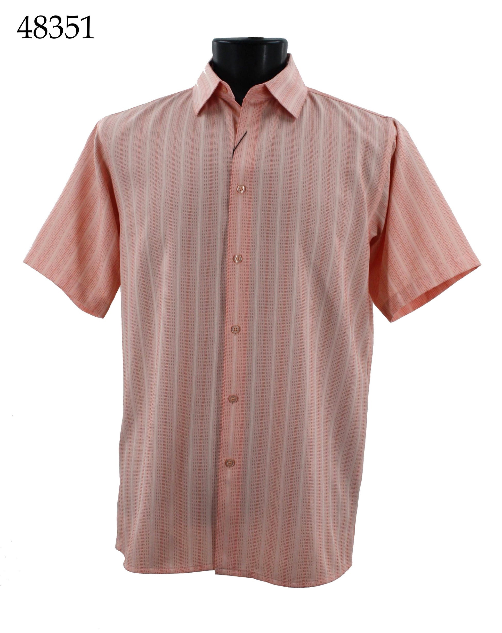 Introducing the Bassiri Short Sleeve Shirt 48351 by Bassiri, featuring a regular fit and a stylish peach and white vertical stripe pattern.