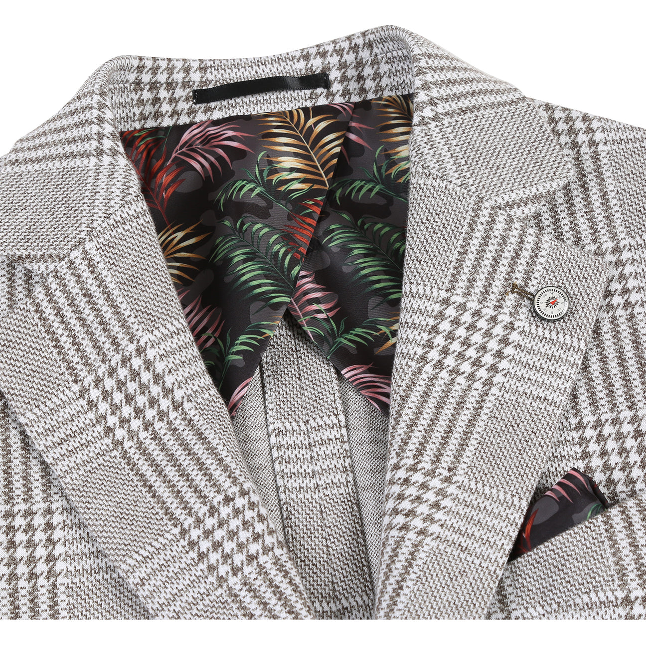 The Pellagio Riserva JKT Sports Coat PS24-8 by Pellagio is a gray plaid suit jacket with a floral lining, displayed from multiple angles. Made from a fabric blend of 65% cotton and 35% polyester, it includes a buttonhole on the lapel.