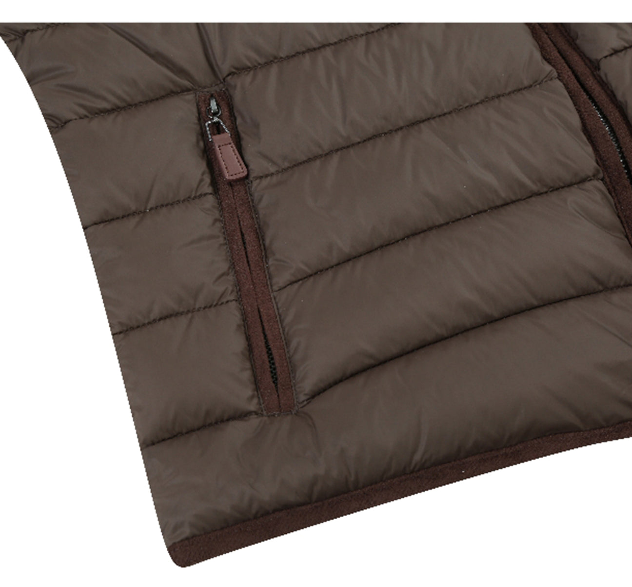 Introducing the Renoir Alessandro Vitello by Renoir Jonathan Nylon Down Brown Vest 831-3, a cozy brown quilted puffer vest filled with goose down. It features a high collar and front zipper closure, making it the perfect choice to keep warm during chilly winter days.