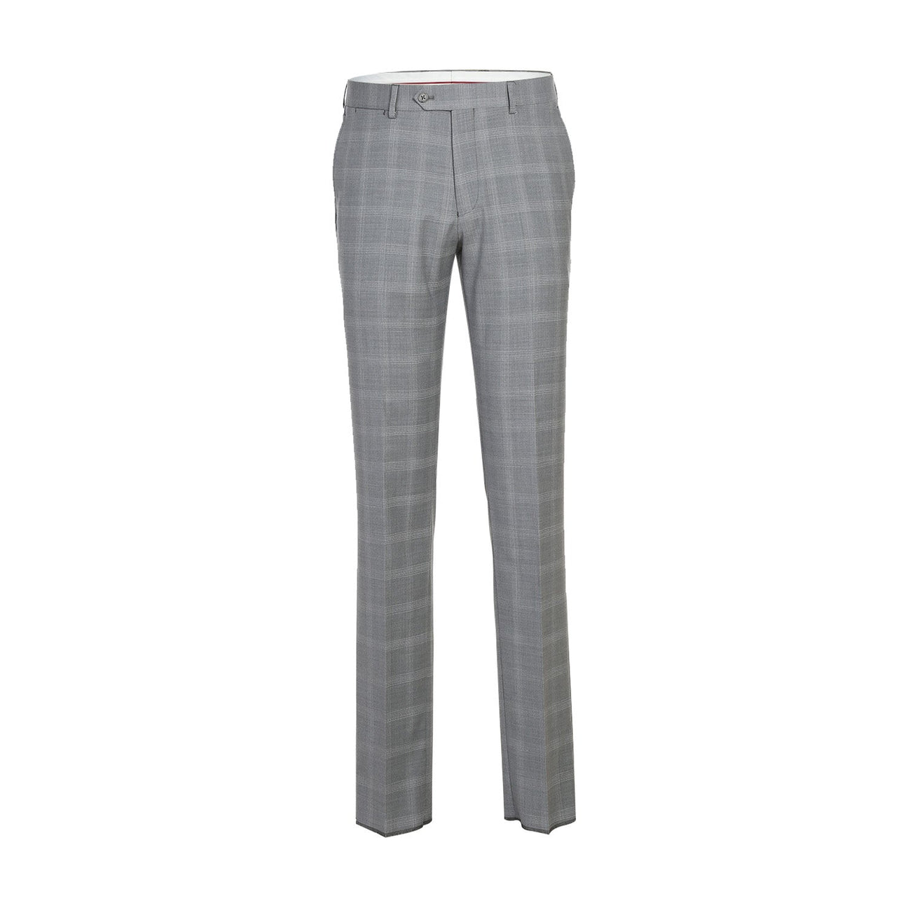 The ENGLISH LAUNDRY Light Gray Window Pane Check Wool Suit, model EL72-62-092 by English Laundry, is displayed on a mannequin with peak lapels, accompanied by a sharp white shirt and a vibrant orange patterned tie.