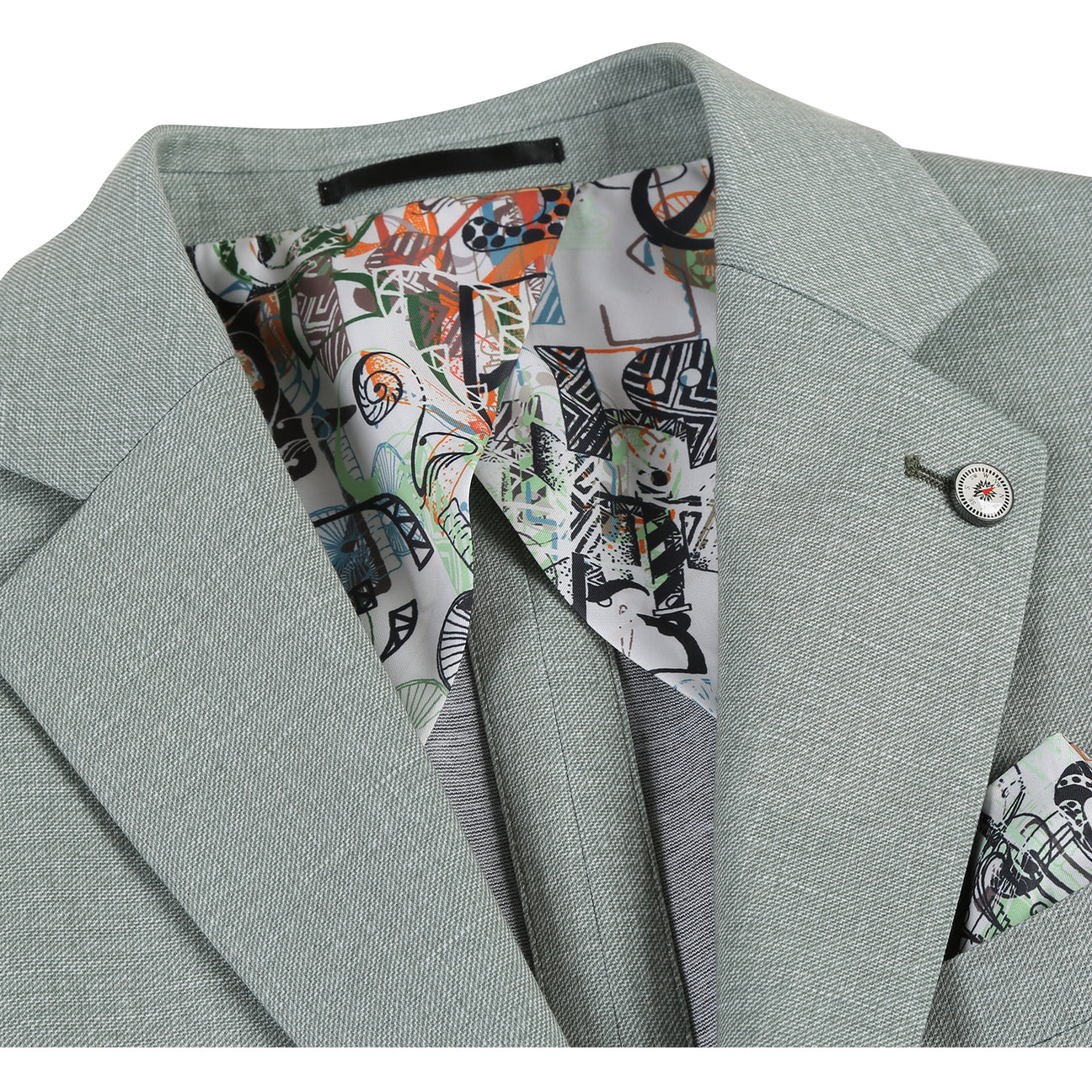 The Pellagio Light Green Men's Half Canvas Blazer, model PS24-4, features a stylish combination of light gray with a white shirt and brown tie. It is designed with notched lapels and patterned lining. This slim fit blazer includes buttons made from a blend of 86% polyester, 9% rayon, and 5% spandex.