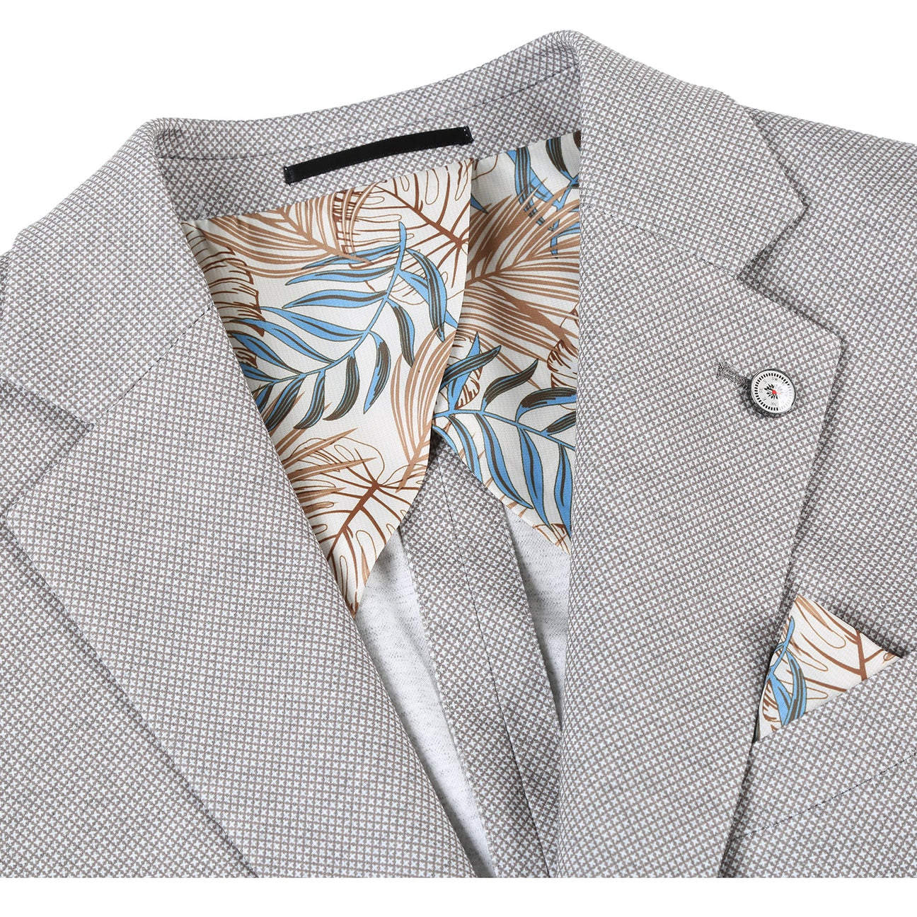 A gray Pellagio Men's Half Canvas Blazer PS23-2, tailored in a slim fit, is displayed on a mannequin with a white shirt and a striped tie in gold, navy, and black. A pocket square is neatly placed in the blazer's pocket. Please note: dry clean only.