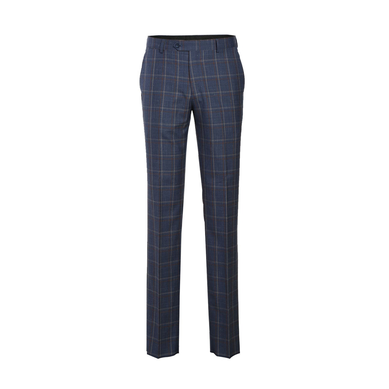 The mannequin elegantly showcases the ENGLISH LAUNDRY Light Steel Blue with Orange Check Wool Suit EL72-62-400 by English Laundry, in a sleek slim fit. It is beautifully paired with a crisp white shirt and a dark patterned tie.