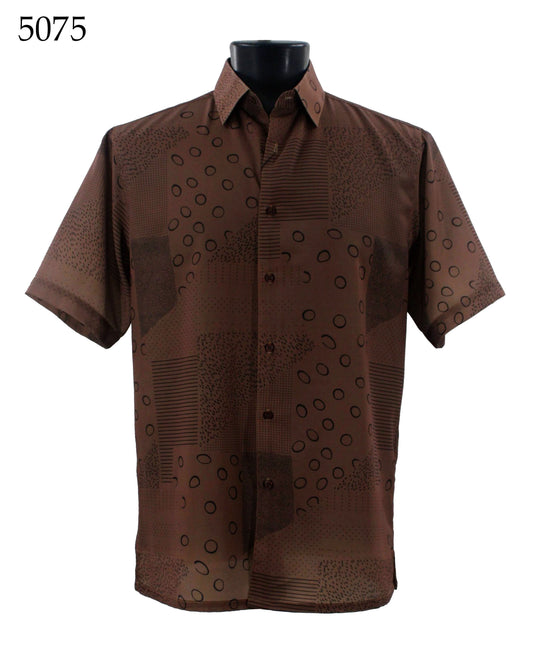 The mannequin showcases the Bassiri Short Sleeve Shirt, item number 5075, which is a brown button-up featuring abstract geometric patterns. It offers a regular fit and includes a distinctive rubber band neck detail.