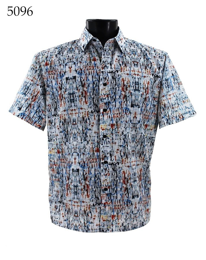 Bassiri presents the Bassiri Short Sleeve Shirt 5096, a Regular Fit garment with an abstract pattern in shades of blue, white, and orange. Displayed on a black mannequin, the label number 5096 is prominently visible in the top left corner.